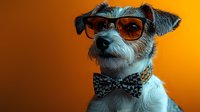 Small white terrier dog wearing sunglasses and polka dot bow tie against vibrant orange background. Stylish pet portrait with attitude and personality for modern pet marketing.