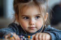 Adorable young girl with blonde hair in cozy sweater holding colorful beads, portrait of child engaged in creative craft activity at home.