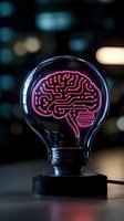 Glowing pink neon brain circuit pattern inside light bulb on dark background with bokeh lights, symbolizing artificial intelligence and innovative technology.