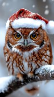 Great horned owl wearing red Santa hat perched on snowy branch during winter. Close-up view shows intense yellow eyes and detailed feathers covered in snowflakes.