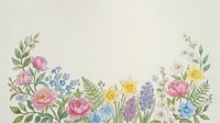 Watercolor spring floral border with peonies, daffodils, hyacinths and wildflowers on light background, copy space for text.