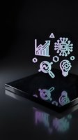Digital business analytics icons floating above smartphone screen with holographic glow effect on dark background for technology presentations.