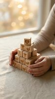 Hands protecting wooden blocks with healthcare symbols in warm natural light for medical insurance and wellness concept design.