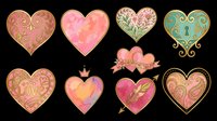 Decorative heart shapes with ornate gold details, floral patterns, and watercolor textures in pink, coral, and teal. Isolated on transparent background, ready for t-shirts, stickers, clipart, and print-on-demand designs.