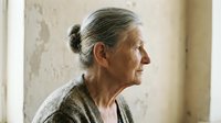 Senior woman with gray hair in profile, wearing casual cardigan indoors against neutral wall background.