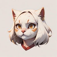 White cat with long wavy hair and amber eyes wearing red collar, stylized anime-inspired character portrait on neutral background. For gaming, fantasy art.