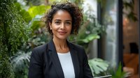 Confident businesswoman with curly hair in black blazer smiling in lush green office environment, perfect for corporate wellness or biophilic workplace design.
