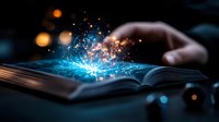 Magical glowing sparkles and light emerging from open book pages with hand reaching towards mystical illumination against dark background.