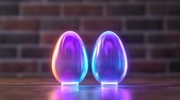Glowing neon eggs with vibrant purple and blue gradient colors against dark brick wall background create futuristic Easter decoration mood with reflection.