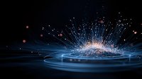 Glowing blue and orange light explosion with sparkles and waves on dark background creates magical energy effect with dynamic motion blur and particles.