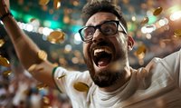 Excited bearded man in glasses celebrating victory with flying golden confetti, expressing joy and triumph against blurred festive lights background.