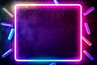 Glowing neon square frame in pink and blue colors with scattered light tubes on dark purple background, creating retro futuristic atmosphere for copy space.