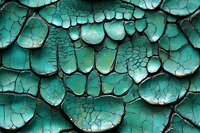 Cracked turquoise paint surface showing weathered texture and peeling layers creates abstract pattern of curved shapes and lines. Artistic macro photography.