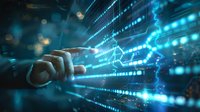 Futuristic digital transformation concept with hand touching virtual interface, perfect for technology and innovation presentations or business solutions marketing.