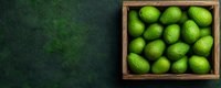 Fresh green limes in rustic wooden box on dark green textured background with copy space, top view. Citrus fruits for cocktails and cooking.