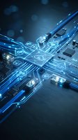 Futuristic circuit board with glowing blue connections and digital network icons representing advanced technology and data processing systems.