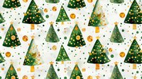 Festive seamless pattern with watercolor Christmas trees decorated with gold ornaments and stars on white background. Repeating holiday design for wrapping paper.