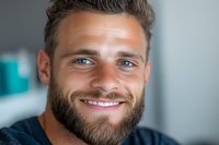 Confident Caucasian man with beard and blue eyes smiling warmly at camera. Close-up portrait showing genuine happiness and positive attitude against blurred background.