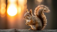 Cute gray squirrel sitting on wooden surface during golden hour sunset with warm bokeh lights in background for wildlife and nature photography.