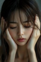 Young Asian woman with closed eyes holding face in hands, expressing deep emotion through gentle facial features and soft natural makeup in moody lighting.