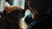 Tender moment between young woman and ginger cat touching noses in soft window light, showcasing pet companionship and emotional bond.
