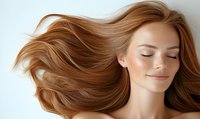 Young woman with flowing copper hair and closed eyes against white background, showcasing healthy, shiny locks for hair care advertising.