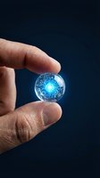 Close-up of male hand holding glowing digital sphere with circuit board patterns and bright blue light core against dark background for technology and innovation concepts.