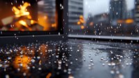 Raindrops on dark surface with blurred warm lights in background creating atmospheric mood. Water droplets reflect golden bokeh for dramatic rainy evening scene.
