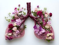 Anatomical lungs creatively composed of pink and purple flowers against white background, symbolizing health and nature connection.