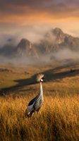 Crowned crane standing in golden grassland with dramatic mountain landscape and misty clouds during sunset creating warm atmospheric lighting for wildlife photography.
