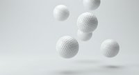 White golf balls floating in mid-air against clean gray background with soft shadows, sports equipment concept for athletic designs and tournaments.