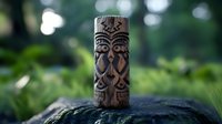 Carved wooden tiki totem pole with tribal face pattern on natural stone against blurred green forest background, mystical polynesian art decoration.