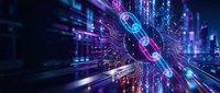 Futuristic digital chain link with glowing neon circuits and data streams in cyberpunk style for blockchain technology concepts.