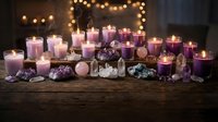 Purple candles with healing crystals and gemstones create mystical spa atmosphere with warm bokeh lights for meditation and wellness rituals.