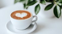 White ceramic cup of cappuccino with heart-shaped latte art foam design on saucer, green plant leaves in soft blurred background creating minimalist composition.
