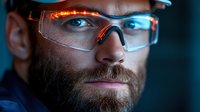 Bearded Caucasian male construction worker wearing protective safety glasses and hard hat in dramatic lighting. Close up portrait shows confident expression and professional equipment.