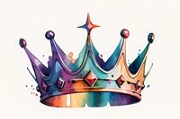 Colorful royal crown with gradient watercolor effect from purple to turquoise and gold, featuring jewels and decorative elements on white background, isolated design.