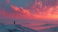 Lone figure silhouette standing on snowy mountain peak against dramatic pink and orange sunset sky with layered mountain ranges in distance creating peaceful solitude.