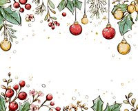 Watercolor Christmas frame with holly berries, red and gold ornaments, pine branches, and festive greenery on white background.