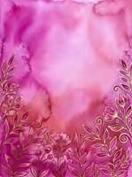 Pink and magenta watercolor background with golden floral border, leaves and blooms. Elegant art for cards, invitations, and wedding stationery.