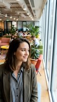 Woman professional in modern office space with plants and colleagues working in background, suitable for corporate, business, and workplace concepts.