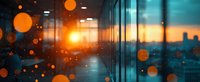 Dramatic urban sunset view through rain-covered window with glowing bokeh lights creating magical atmosphere against city skyline silhouette in blue and orange tones.