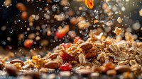 Healthy granola with nuts and dried fruits splashing in motion against dark background with bokeh lights, perfect for breakfast or snack advertising.