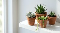 Small succulent plants in terracotta pots arranged on white windowsill creating minimalist home decor display for indoor gardening and botanical decoration.