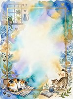 Watercolor frame with sleeping cats, plants and books creating cozy home atmosphere with copy space for text or design elements.
