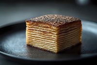 Layered honey cake with caramelized top on dark plate, traditional dessert with multiple thin layers, gourmet pastry for bakery menu and food photography.