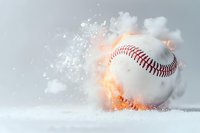 Baseball engulfed in flames and smoke against white background, creating dramatic sports concept for competition, power, and athletic performance.