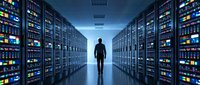 Silhouette of businessman walking through modern data center corridor with glowing server racks and blue lighting for technology concepts.