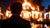 Silhouette of man in suit watching burning house at night, dramatic orange flames and smoke against dark sky, emergency disaster scene background.