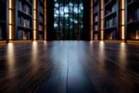 Dark wooden floor with blurred bookshelves and warm lighting in modern library interior, low angle perspective creating dramatic depth and atmosphere.